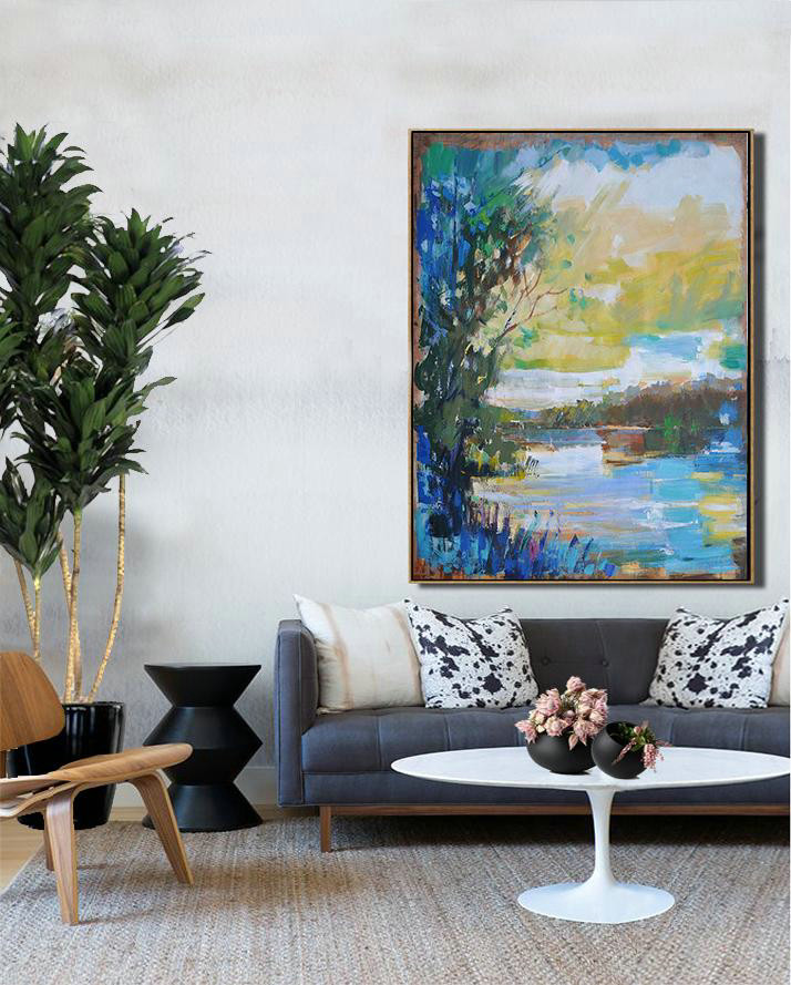 Large Abstract Art,Abstract Landscape Painting,Hand-Painted Canvas Art,Yellow,White,Blue,Dark Green